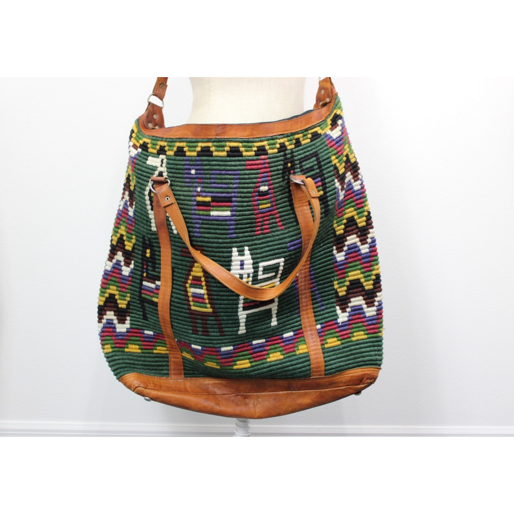 Vintage Handmade Woven Tote Bag Leather Trim Boho Guatemala Alpaca Wool Travel - Picture 2 of 14